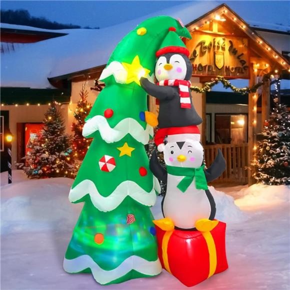 7FT Inflatable Christmas Tree Decorwith and Gift Box and Two PenguinsLight